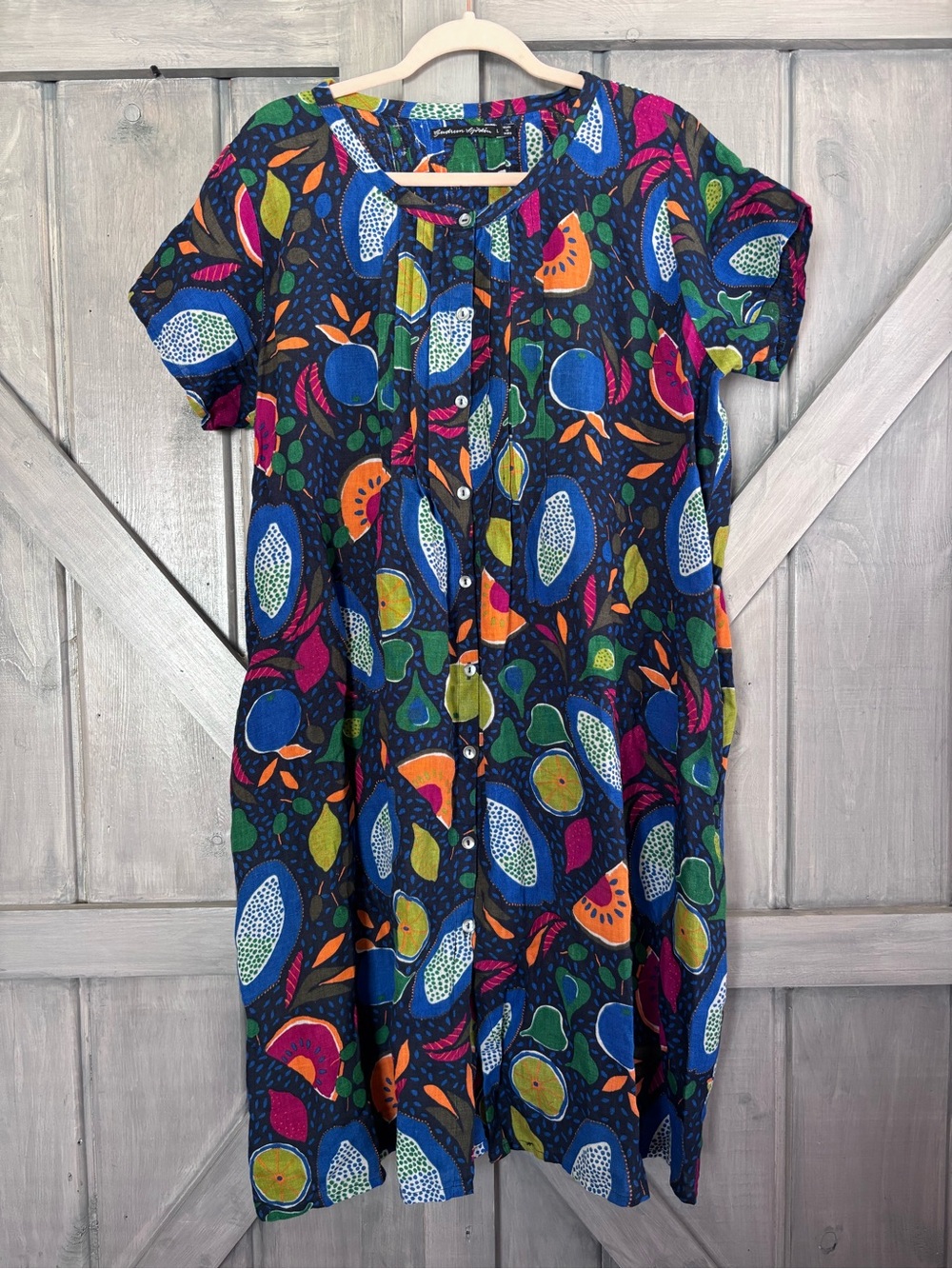 Gudrun Sjoden 100% Linen Blue Black Colorful Fruit Dress lagenlook Size Large - Picture 2 of 11